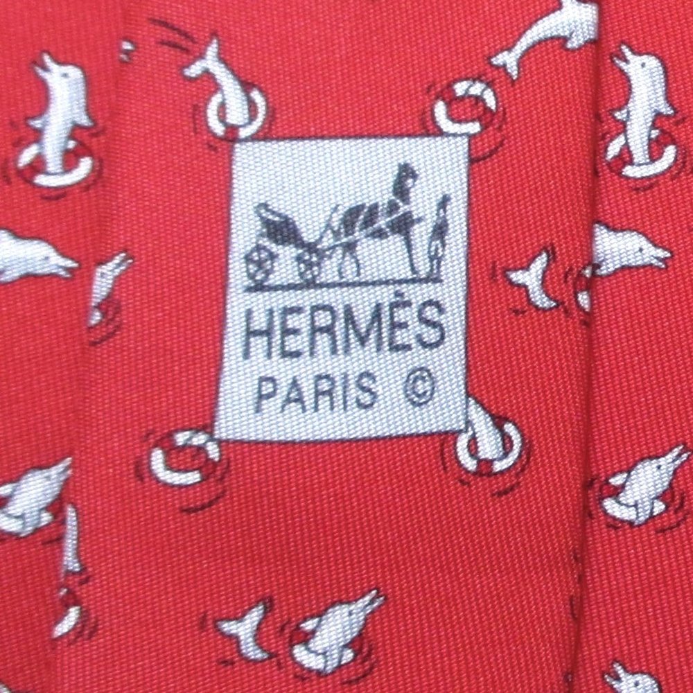 100% REAL HERMES TIE ~ RED w FUN DOLPHINS JUMPING THRU LIFE PRESERVERS HOOPS XXL - Picture 4 of 4